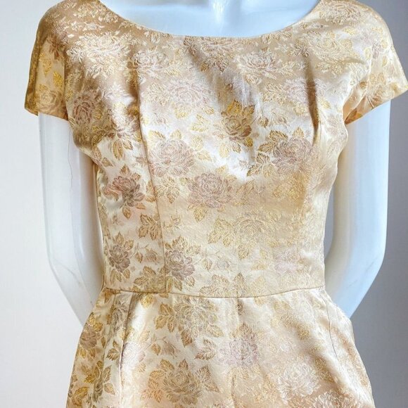 Vintage 50s 60s Gold Brocade Floral Short Sleeve Dress S - Picture 3 of 8